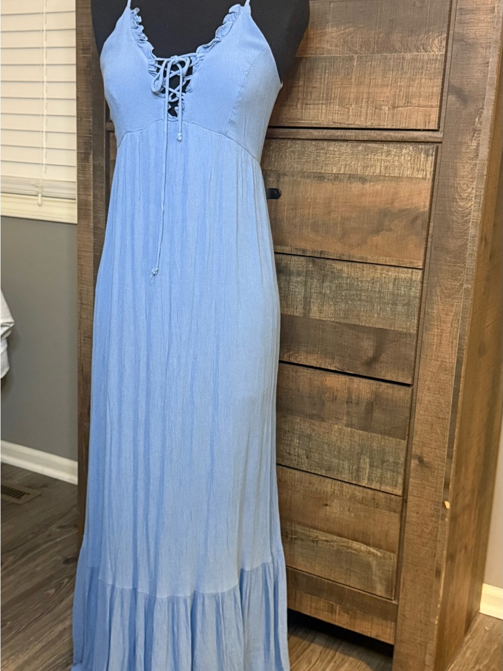La Hearts Women’s XS Blue Lace Up Maxi Dress Boho Spaghetti Strap Rayon
